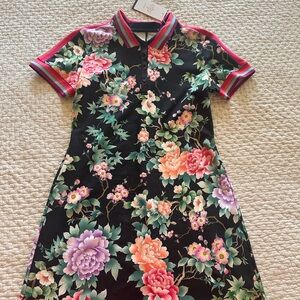 Johnny Was Black Floral Dress with Short Cuffed Sleeves and Polo Collar